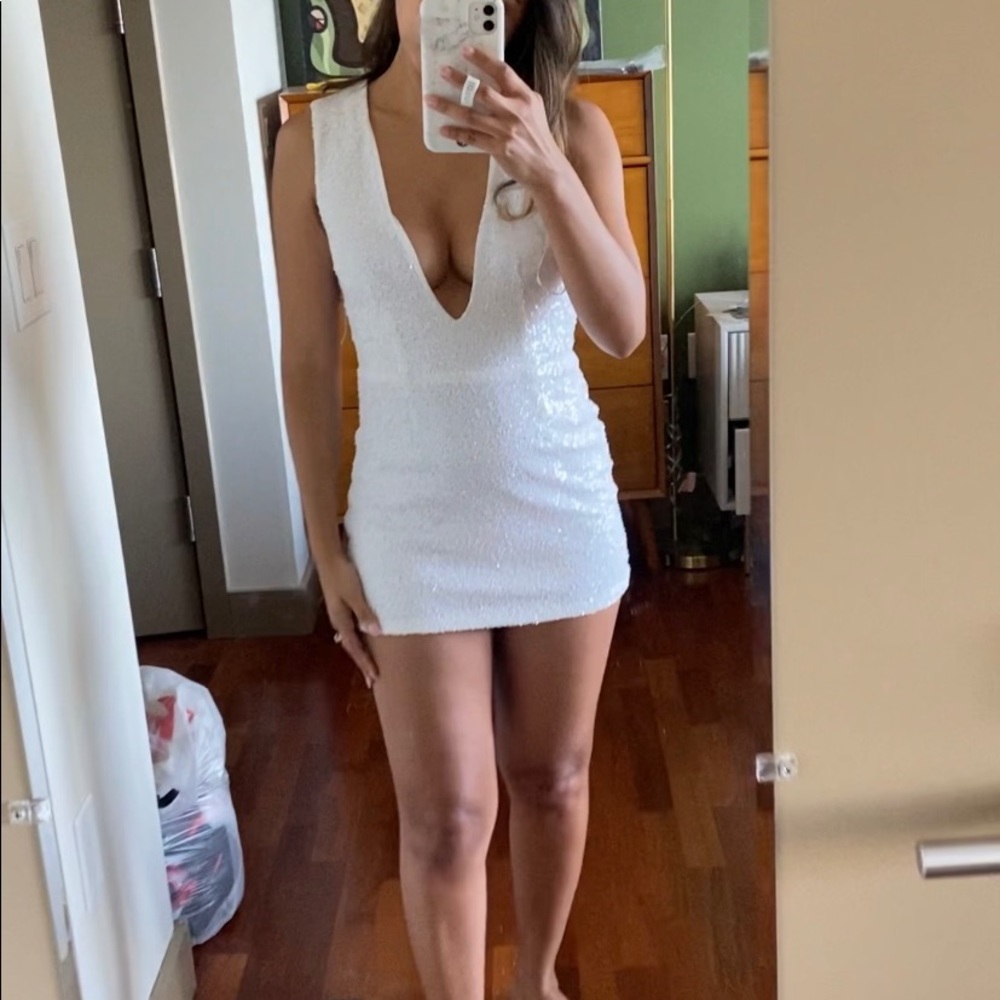 TOBI white sequin low cut mini dress
